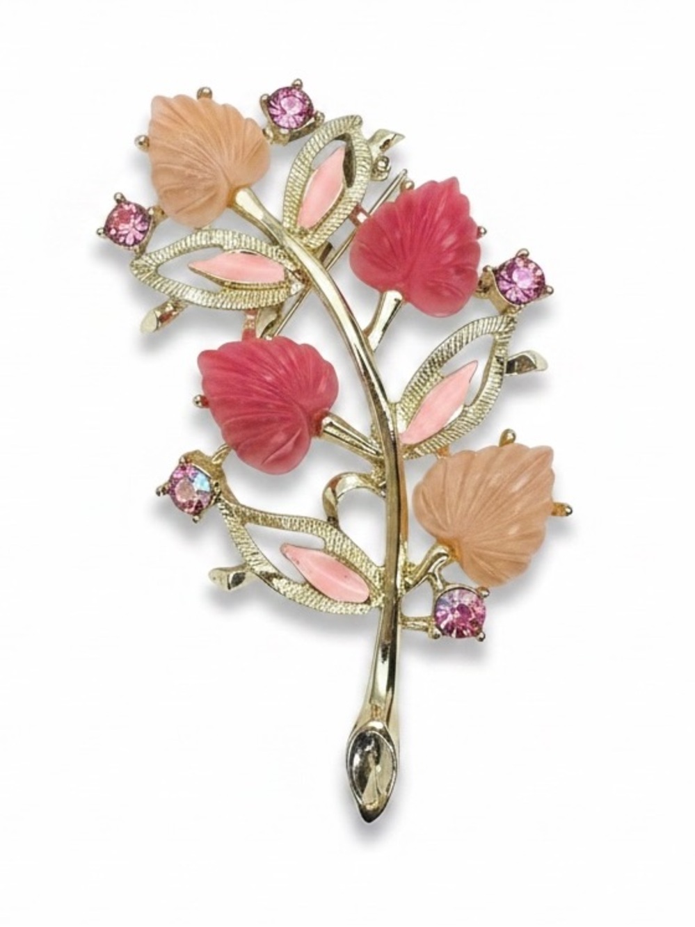 Vintage Molded Glass SilverTone Floral Leaf Brooch with Pink, Peach Purple